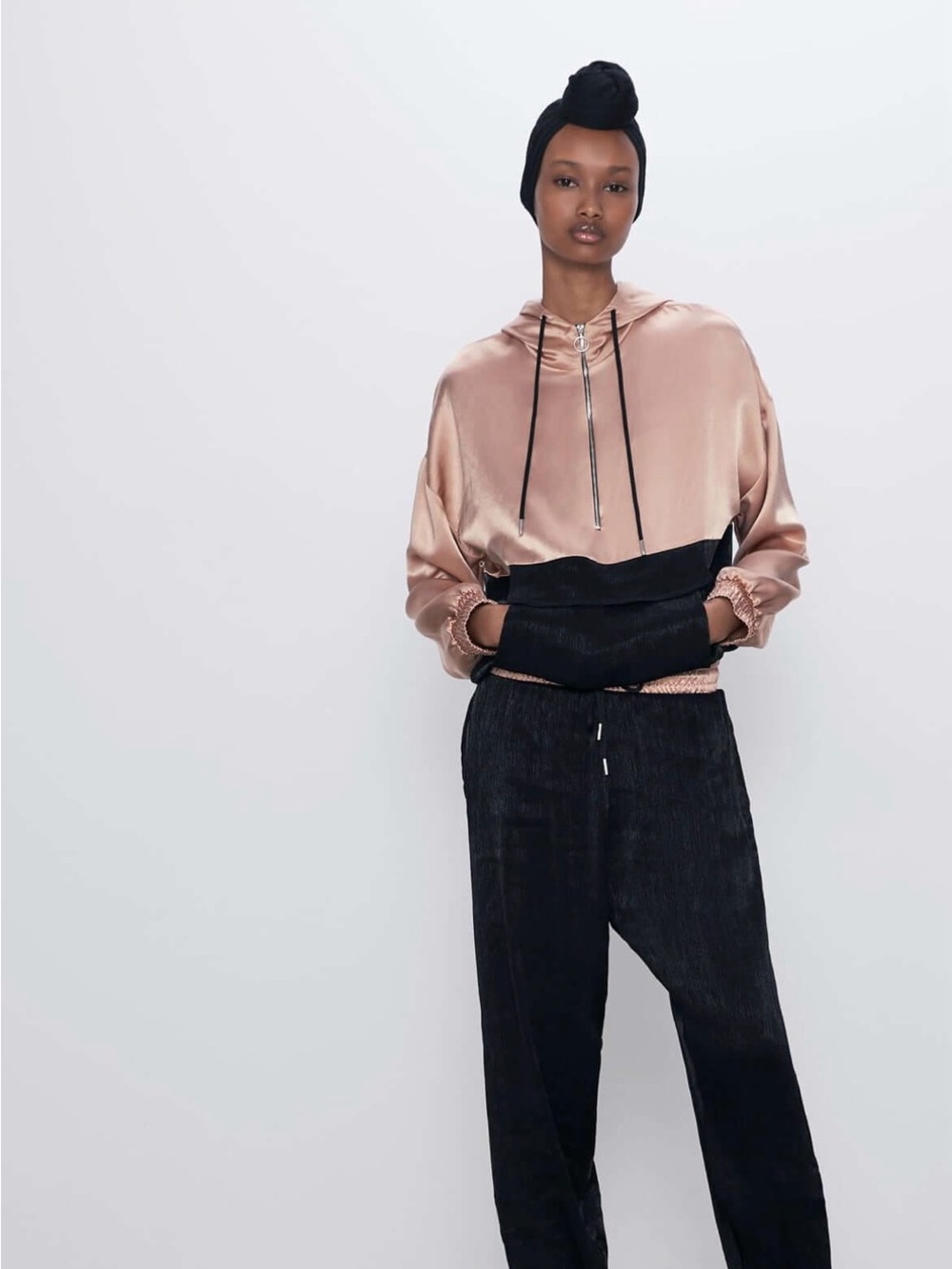 Zara Set - Two-Tone Satin Track Hoodie & Joggers - Blush and Black